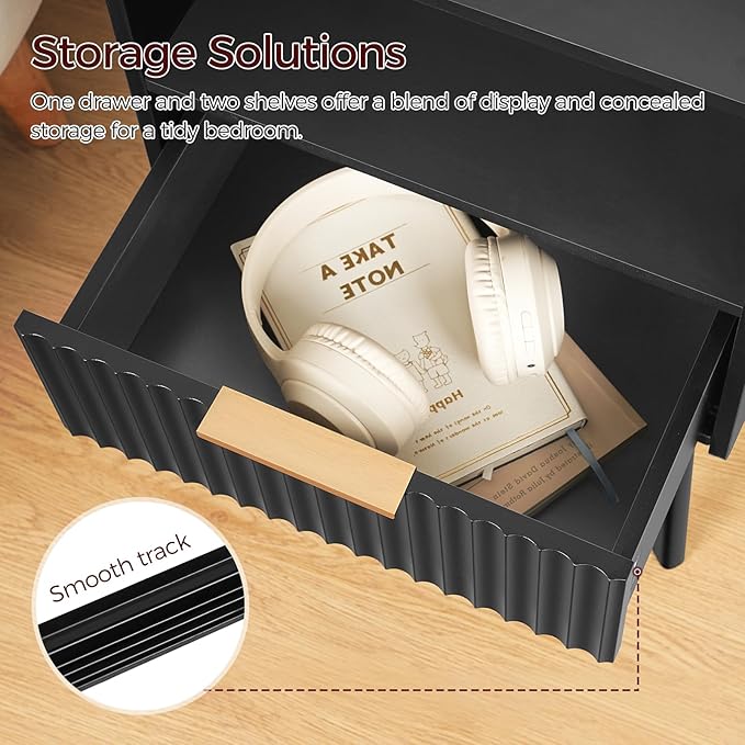 Fluted Nightstand, End Table, Small Modern Bedside Table with Charging Station, Side Table with Drawer, for Small Spaces, Bedroom, Living Room, Black ETBK61E01N1