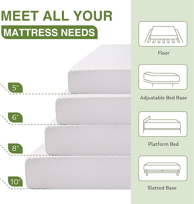 Twin XL Memory Foam Mattress, 10 Inch Bed Mattress in a Box with Cooling Green Tea Gel, Relieve Pressure with Medium Support, CertiPUR-US Certified, 80''L x 38''W, White