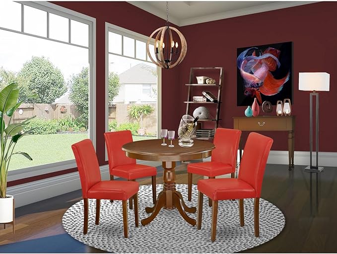 East West Furniture ANAB5-MAH-72 5 Piece Dining Table Set Includes a Round Dining Room Table with Pedestal and 4 Firebrick Red Faux Leather Parsons Chairs, 36x36 Inch, Mahogany