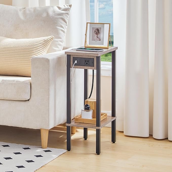 HOOBRO Small End Table with Charging Station, Set of 2, Narrow Side Table with USB Port and Outlets, Skinny Sofa Table, Slim Nightstand, Living Room, Bedroom, Greige and Black BG240UBZP201