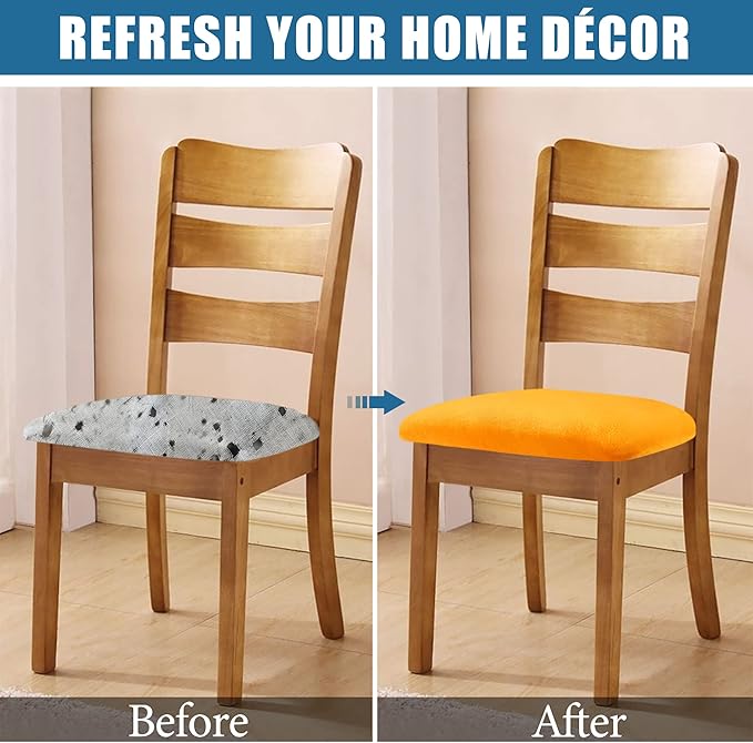 Smiry Velvet Seat Covers for Dining Room Chair Set of 4, Stretch Fit Removable Washable Chair Seat Cushion Protector Slipcovers with Ties, Mustard Yellow