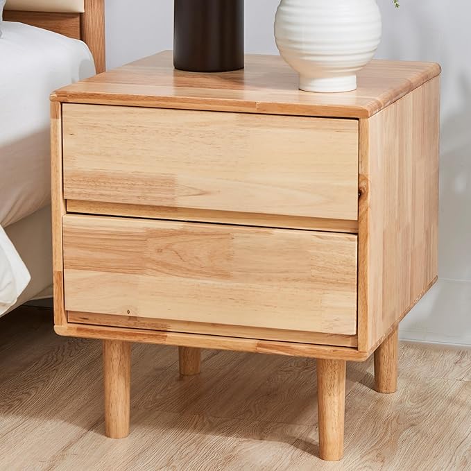 CozyDH Natural Wood Nightstand with Drawers, Solid Wood Nightstand End Table, 19" Bedside Table for Bedroom, Sofa Side Table with Wooden Legs Living Room