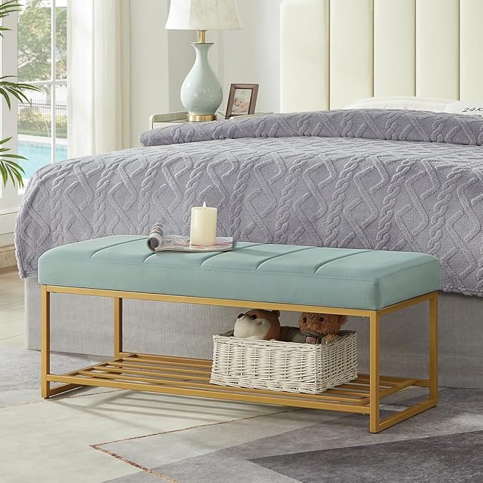 24KF Seaglass Velvet Upholstered End of Bed Bench with Metal Shelf, Modern Tufted Channel Entryway Bench Footboard Bench for Living Room, Bedroom, Gold Bench,5036-Seagalss