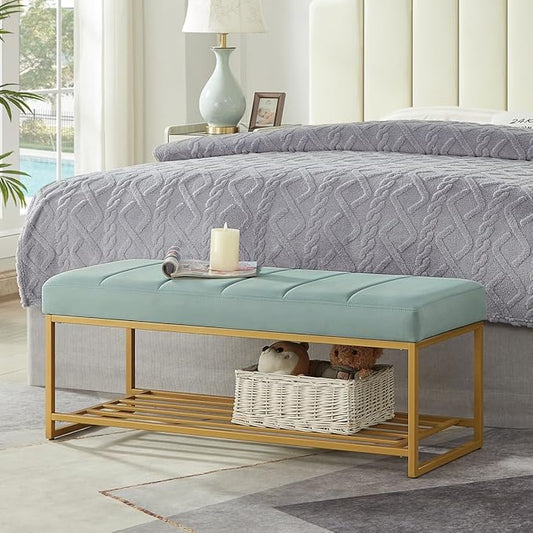 24KF Seaglass Velvet Upholstered End of Bed Bench with Metal Shelf, Modern Tufted Channel Entryway Bench Footboard Bench for Living Room, Bedroom, Gold Bench,5036-Seagalss