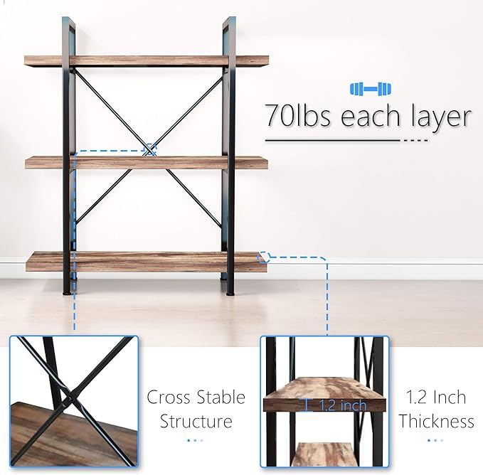 45MinST 3-Tier Vintage Industrial Style Bookcase/Metal and Wood Bookshelf Furniture for Collection,Vintage Brown, 3/4/5 Tier (3-Tier)