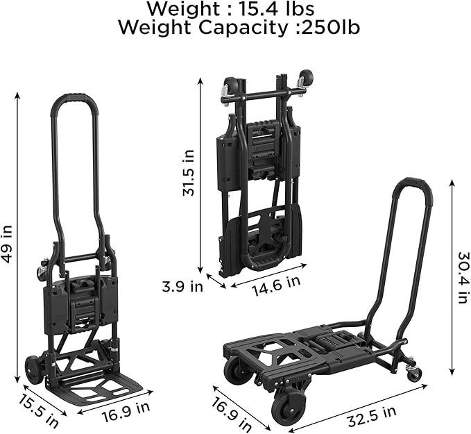 Cosco Shifter Folding Hand Truck/Cart - Heavy Duty Steel Frame, 300lbs Capacity, Black