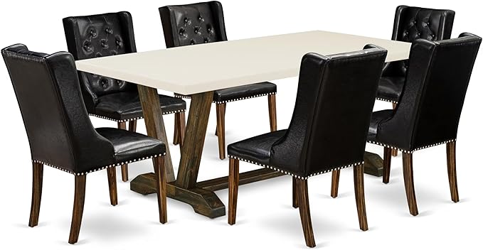 East West Furniture V727FO749-7 7 Piece Dining Table Set Consist of a Rectangle Dining Room Table with V-Legs and 6 Black Faux Leather Parsons Chairs, 40x72 Inch, Multi-Color