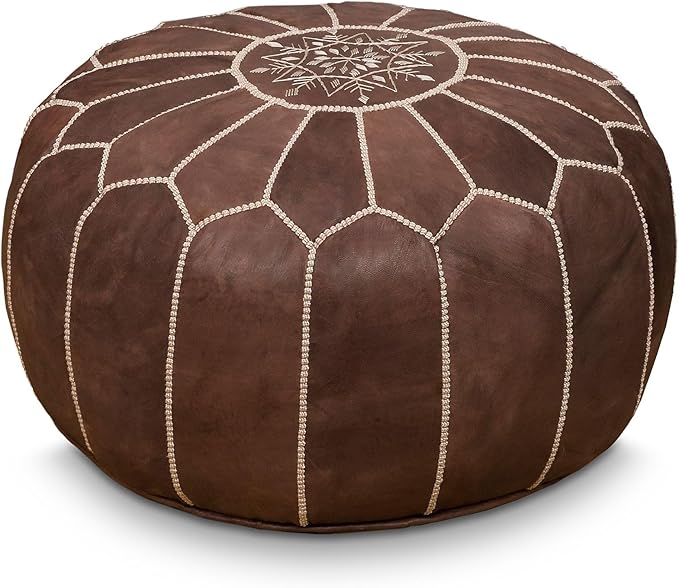 Stuffed Round Design Moroccan Leather Pouf Ottoman, Handmade, Pre-Filled, 100% Genuine Leather, 13” Height x 20” Diameter, Footstool & Living Room Décor (Brown)