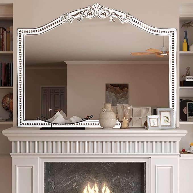 32x42 Inch Ornate Wooden Arched Wall Mirror, Rustic Farmhouse Decorative Wide Mirrors for Fireplace, Living Room, Bedroom, Entryway, Bathroom Over Sink