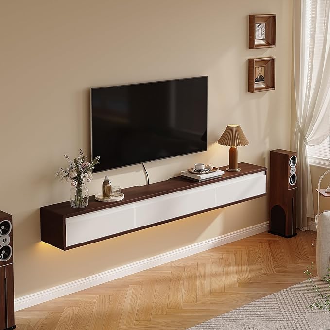 Floating TV Stand High Gloss,47'' Wall-Mounted TV Cabinet,Floating TV Console,Under TV Shelf with 3 Doors for Living Room Bedroom(Walnut+White)