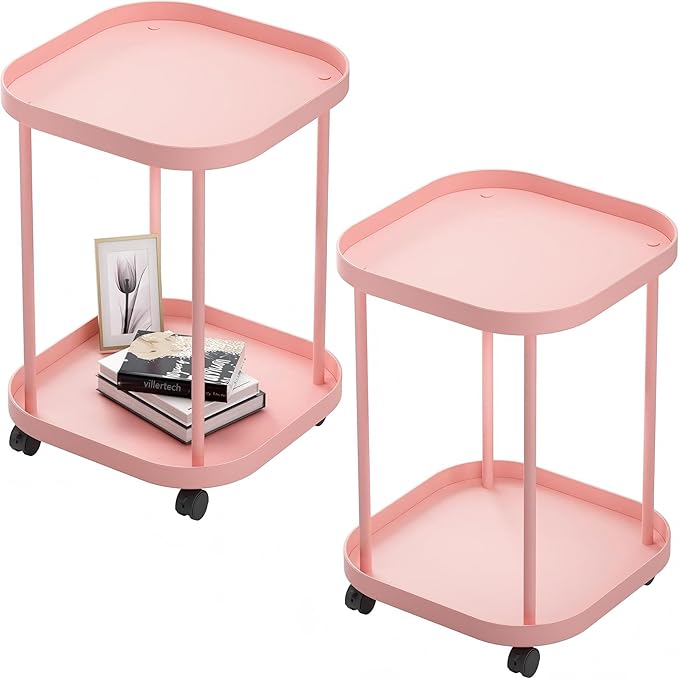 Side Table with Wheels, End Table Living Room Plastic Mobile Sofa Side Table Small Night Stand Bedroom Pink (2 Pack)