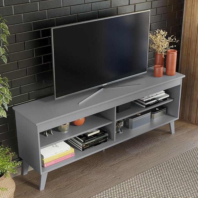 Madesa TV Stand Unit with 4 Shelves and Cable Management for 55, 65 Inch Media 1 Storage Gaming Media Console Living Room and Bedroom Entertainment Center Modern Wooden Television Cabinet - Grey