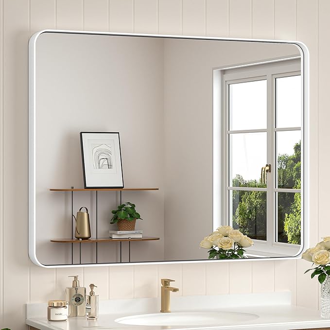 Keonjinn Matte White Bathroom Mirrors for Over Sink 40 x 30 Inch Large Rounded Rectangle Bathroom Mirror for Wall, Seamless Metal Frame Farmhouse Mirror, HD Tempered Glass(Horizontal/Vertical)