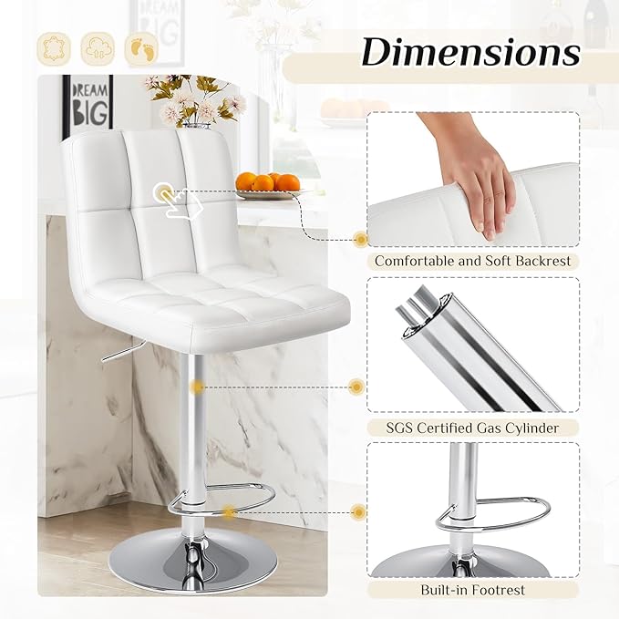 DUMOS Bar Stools Set of 4, 24 inch Counter Height Bar Stools, Upholstered Modern Kitchen Barstools with Metal Base, PU Leather Saddle Stools for Kitchen Island, White