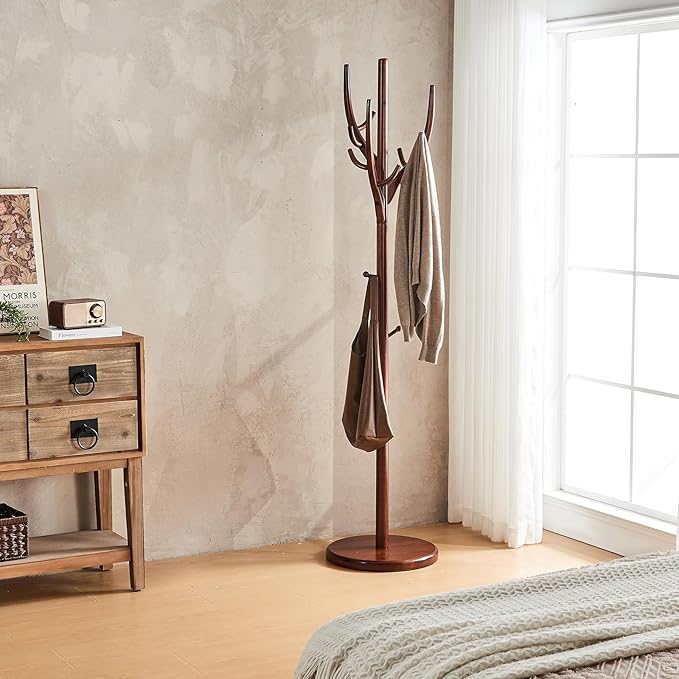 CozyDH Coat Rack Freestanding Solid Wood Coat Rack Stand, Coat Tree Freestanding with 12 Hooks Creative Tree Branch-look for Entryway, Hallway, Bedroom (Walnut)