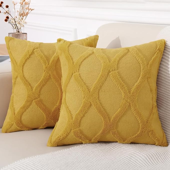 decorUhome Fall Throw Pillow Covers 24x24 Inch Set of 2, Soft Plush Faux Fur Wool Mustard Yellow Couch Pillow Covers, Decorative Neutral Pillow Cases for Bed Sofa Living Room Home Decor