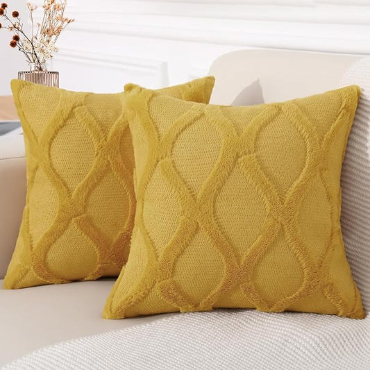 decorUhome Fall Throw Pillow Covers 24x24 Inch Set of 2, Soft Plush Faux Fur Wool Mustard Yellow Couch Pillow Covers, Decorative Neutral Pillow Cases for Bed Sofa Living Room Home Decor