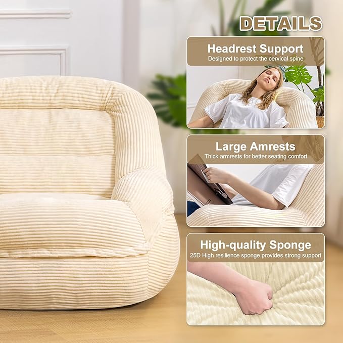 Giant Bean Bag Chair with Armrests - Oversized Cozy Seating for Adults, Corduroy Fabric & High - Density Foam Filling, Ideal Lounge for Living Room, Bedroom & Gaming Room (White)
