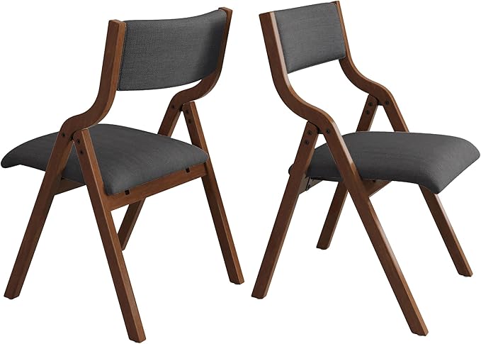 Folding Dining Chairs Set of 2, Upholstered Kitchen Chair with Padded Seat & Backrest, Modern Sidechair with Wood Legs,No Assembly Needed,Dark Grey+Walnut