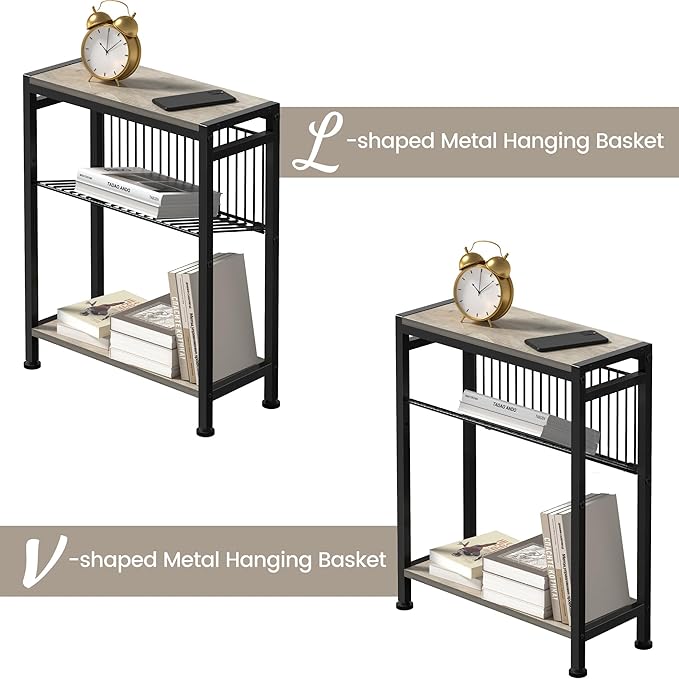 Small Side Table Set of 2 for Small Space, 3-Tier Narrow End Table with Magazine Holder, Slim Nightstand, Skinny Snack Couch Table in Living Room, Bedroom, Kitchen and Balcony (Greige)