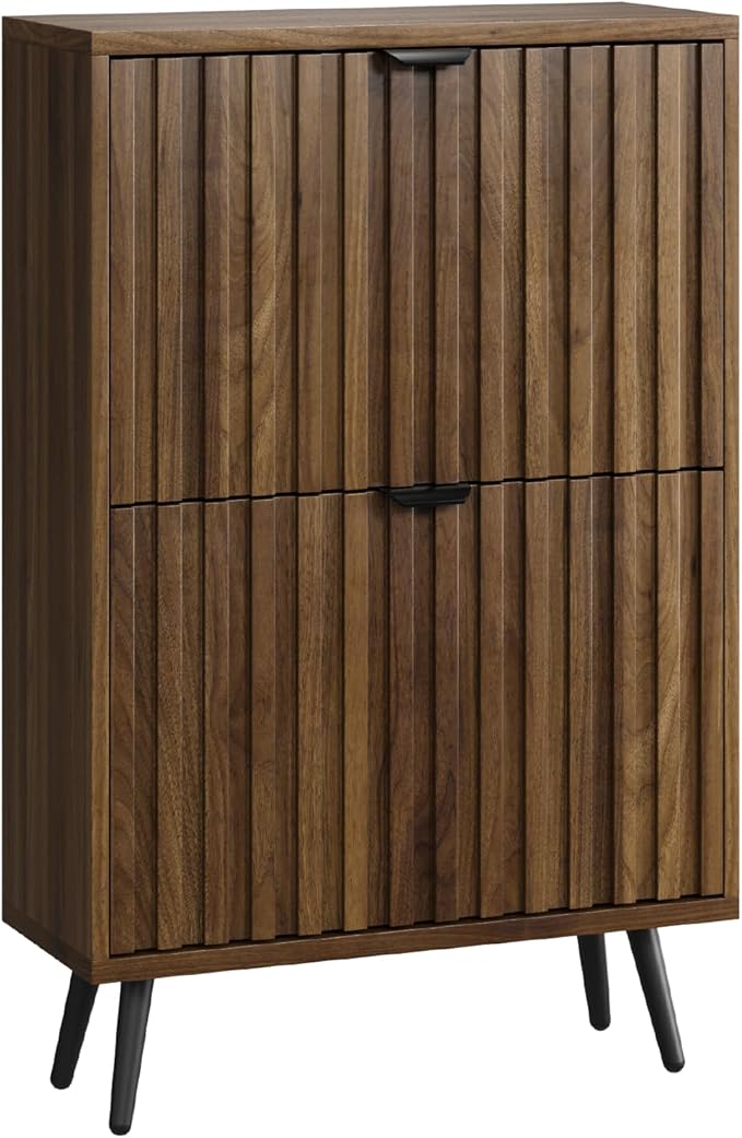 Smuxee Shoe Cabinet with 2 Flip Drawers, 23.6" Walnut Hidden Shoe Storage Cabinet with Fluted Design, Freestanding Shoe Organizer Cabinet for Entryway, Hallway, Closet, Living Room