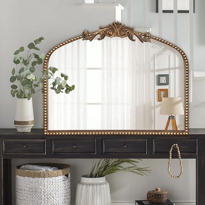 ironsmithn Gold Arched Mirror, 30"x36" Ornate Beaded Frame Mirrors, Metal Decorative Accent Mirror for Fireplace Bedroom Bathroom Living Room Entryway