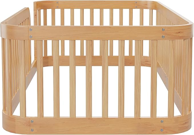 Bellemave Twin Floor Bed with High Fence and Rounded Corner Design, Wood Montessori Floor Bed with Guardrail and Entrance, Easy Assemble Montessori Bed Twin Size, Natural