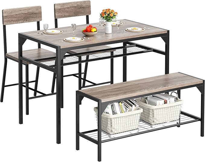 Shintenchi Kitchen Table Chairs Set of 4, Dining Table Set for 4 with Bench and Chairs, 4 Pieces Kitchen Table Set with Storage Rack & Metal Frame for Small Space, Gray