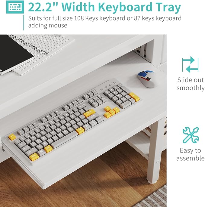 Lufeiya White Desk with Keyboard Tray Slide Out, 47 Inch Home Office Computer Desks with Fabric Drawers & Storage Shelves, Modern Simple Study Writing Table PC Desks for Bedroom, White
