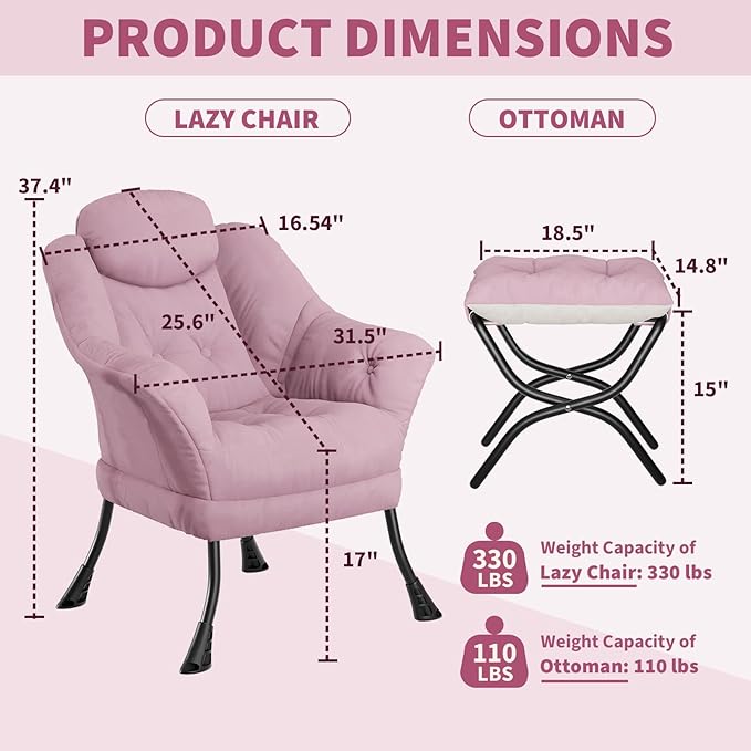 IDEALHOUSE Lazy Chair with Ottoman - Modern Living Room Chairs for Small Spaces, Ergonomic Reading Chair with Armrests, Comfy Chair with Ottoman for Bedroom & Living Room, Pink