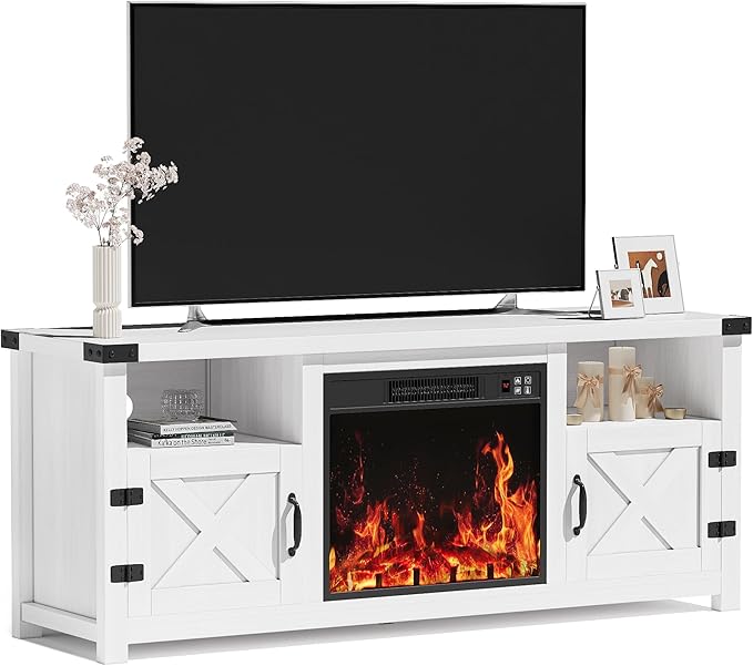 YESHOMY Fireplace TV Stand with Barn Doors and Open Display Shelf, Farmhouse Media Console with Hidden Cable Routing, Entertainment Center for Televisions up to 65+ Inch, White