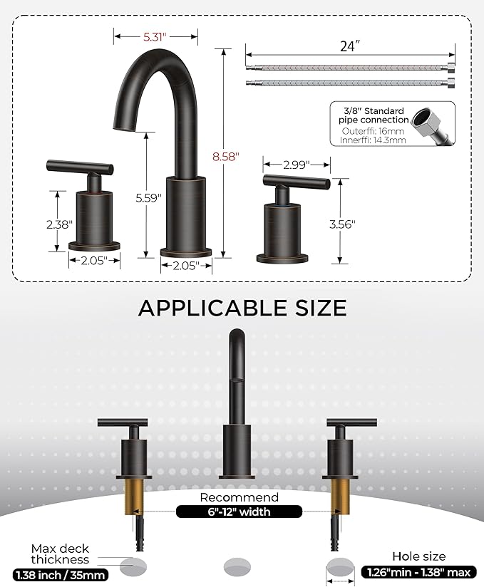 FORIOUS Oil Rubbed Bronze Bathroom Faucet 3 Hole, 8 Inch Widespread Bathroom Sink Faucet Bronze with Pop Up Drain, 3 Piece Vanity Faucet ORB with 24" CUPC Supply Hoses, 6" to 10" Sink Restroom Remodel