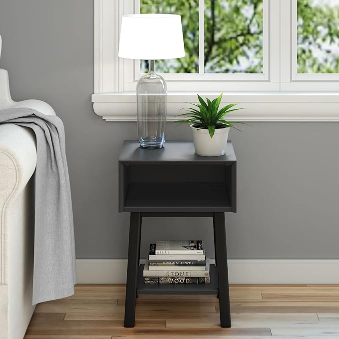 Plank+Beam Wooden Side Table with Cubby Storage Shelf, Mid Century Modern End Tables for Living Room, Small Solid Wood Nightstand, Bedside Tables, Bedroom Furniture, Black