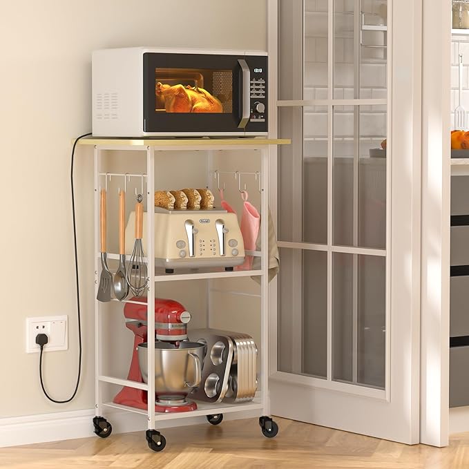Rolling Kitchen Microwave Cart, 3 Tier Microwave Table Stand with Adjustable Shelf, Kitchen Storage Rack on Wheels, Coffee Station Cart Rack Shelf Organizer for Living Room Office, Balcony