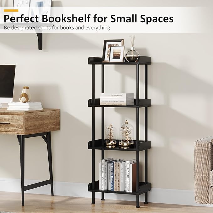 Hosfais Small Wooden Bookcase, 4-Tier Black Rustic Etagere Bookshelf for Living Room & Bedroom, Storage Organizer