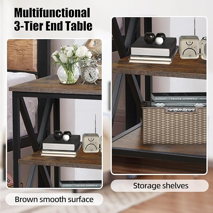 Square End Table with Storage Shelf, 16" D X 16" W X 24" H, 3-Tier End Table Living Room, Rustic Brown End Tables, X-Shaped Night Stand for Bedroom, Farmhouse Wood End Tables