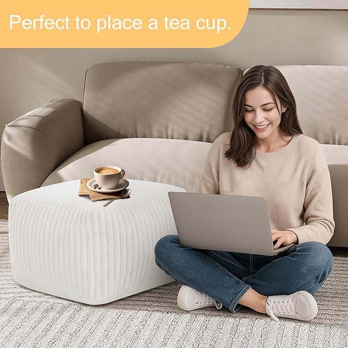 MeMoreCool Square Stuffed Pouf Ottoman Foot Rest, Stripe Furry Floor Pouf Foot Stool with Foam Chunk Filling, Soft Fluffy Stuffed Ottoman Footrest for Living Room, Faux Fur Beige