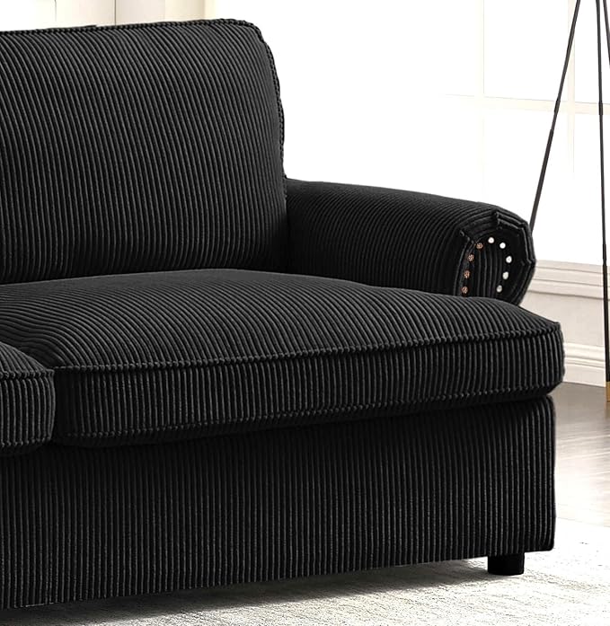 Reversible Sleeper Sofa Bed with Comfortable Memory Foam Mattress, Convertible Corduroy Full Size Pull Out Couch for Living Room, Space Saving Furniture, 72" Wide, Rounded Arms, Black