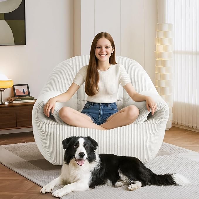 DAICO Bean Bag Chairs for Adults Oversized BeanBag Chair with Armrests Bean Bag Sofa Comfy Accent Chair Corduroy Lazy Floor Single Sofas with Foam for Bedroom Living Room Reading Gaming Beige