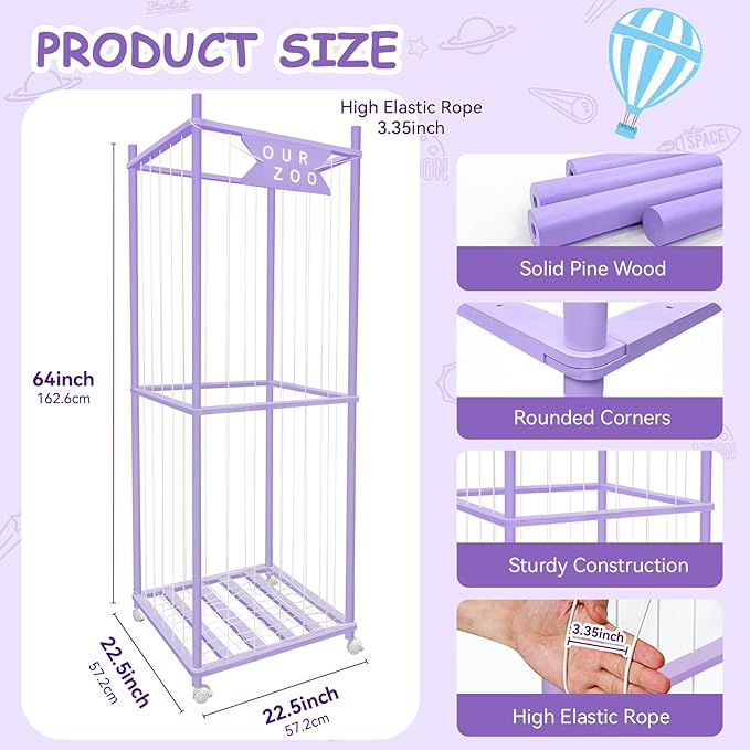 Stuffed Animal Storage Zoo with Wheels, Wooden Large Stuff Animals Plushies Holder Toy Organizer Kids Plush Storage Cage with Elastic Band and Net for Nursery Playroom Corner for Toddler (Purple)