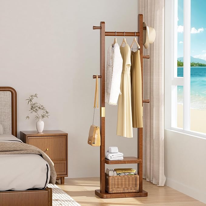 Solid Wood Coat Rack Clothes Rack, Coat Rack Freestanding with 2 Shelves and 5 Hooks, Heavy Duty Coat Tree for Entryway, Living room, Coat Hanger Stand for Hats, Bags Clothes(Walnut Brown)