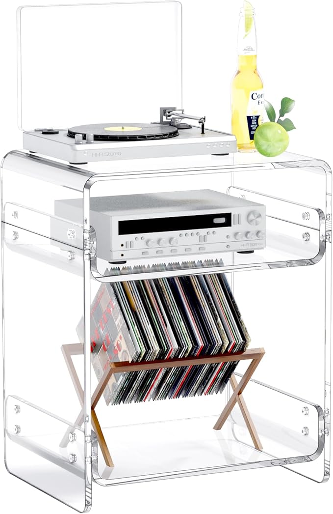 Acrylic Record Player Table with Storage Shelf– Sleek Bedside Storage with Durable Design, Perfect for Bedrooms, Living Rooms, or Modern Interiors – Ideal as a Bedside Table or Sofa Side Piece