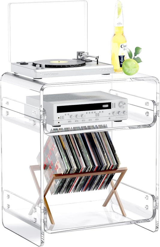 Acrylic Record Player Table with Storage Shelf– Sleek Bedside Storage with Durable Design, Perfect for Bedrooms, Living Rooms, or Modern Interiors – Ideal as a Bedside Table or Sofa Side Piece