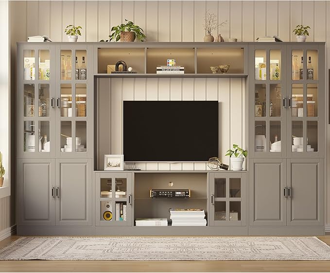 4-Piece Wall Unit TV Stand with Storage & LED Lights for TVs up to 75", Modern Entertainment Center with Bookshelves & 4-Door Pantry Cabinet, Gray
