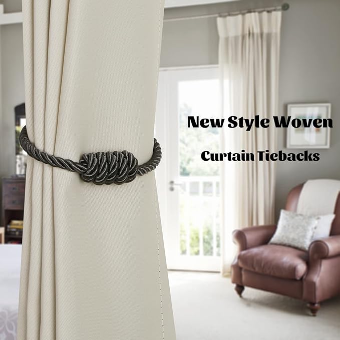 BEL AVENIR Magnetic Curtain Tiebacks, Decorative Drapery Holdbacks Modern Woven Tie-Backs with Exquisite Knot (Charcoal, 2 Pack)