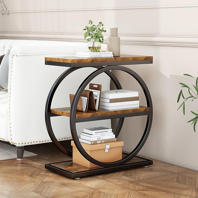 IBUYKE Narrow End Table with 3 Storage Shelves, Industrial Sofa Side Table, Double Round Metal Frames, Slim Nightstand and Bedside Table for Bedroom, Living Room, Rustic Brown UTMJ418H