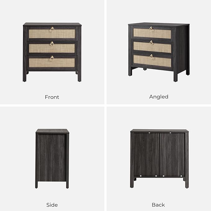 SICOTAS Nightstand Set 2 with Drawers - Large Rattan Bedside Table with Golden Handle, 3 Drawers Night Stand 26.78" Wide Side Table Boho Nightstand for Bedroom