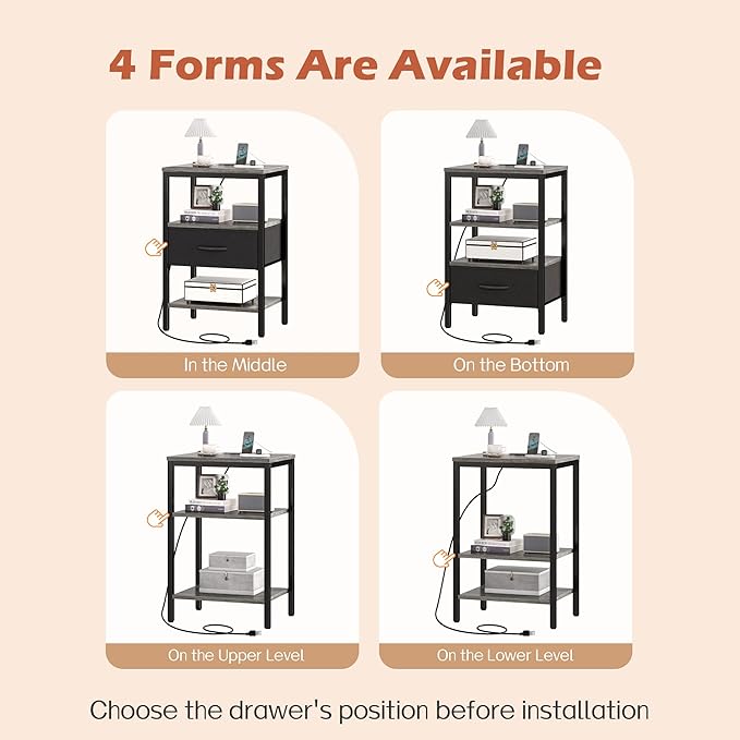 SUPERJARE Nightstand with Charging Station, Bed Side Table with Adjustable Fabric Drawer, Night Stand for Bedroom, 3-Tier Storage End Table, for Living Room, Charcoal Gray