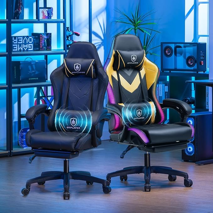 GTPLAYER Gaming Chair, RGB Gaming Chairs with LED Lights, Video Gaming Chair for Adults, Ergonomic Computer Gaming Chair with Linkage Armrest, Reclining Chair with Headrest (with Massage, Yellow)