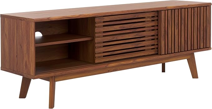 SAFAVIEH ESMA TV Stand for up to 65" Flatscreen – Walnut Brown, Sliding Doors with Interior Storage, Entertainment Media Console (MED9640A)